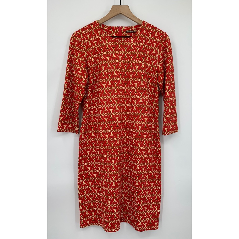 J McLaughlin Dress Womens Medium Red Yellow Catalina Cloth 3/4 Sleeve Stretch